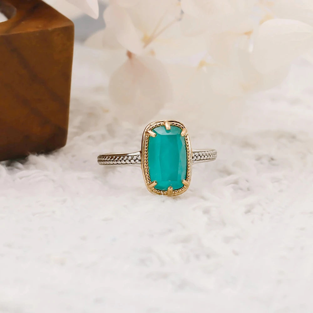 925 Sterling Silver 14K Gold Plated Gemstone  Rock Crystal Rectangles Layered Gemstones White Crystal Turquoise Ring