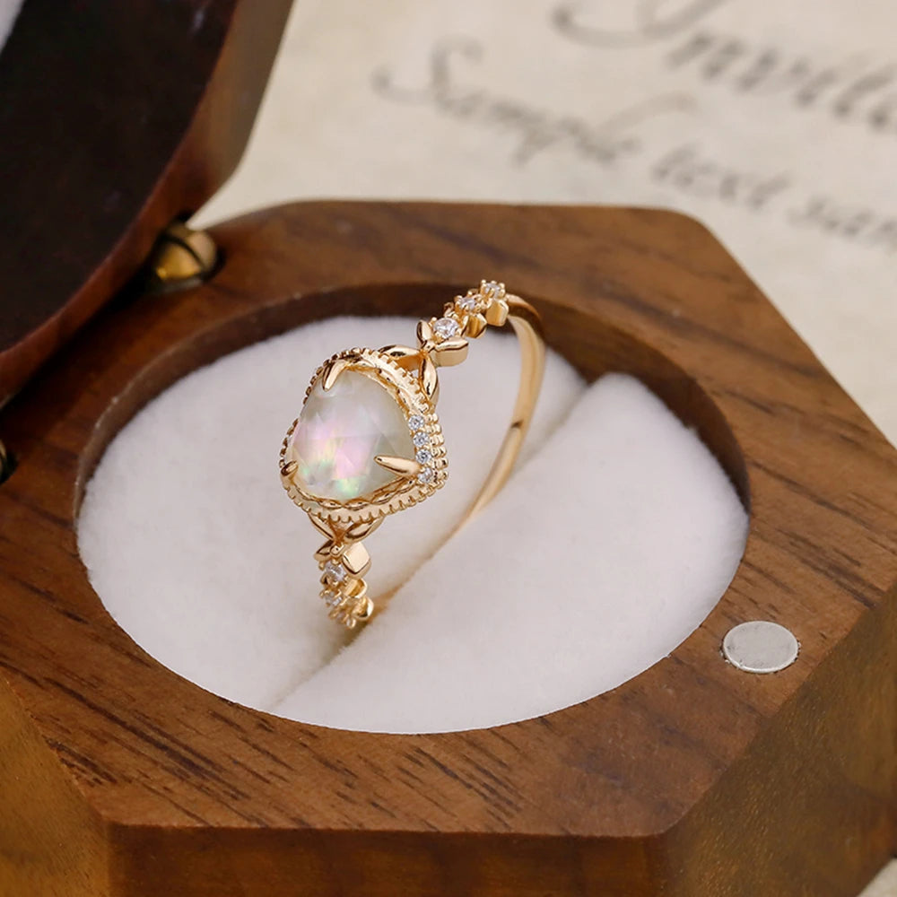 925 Sterling Silver 14K Gold Plated Gemstone Retro  Cz Zircon Colored Shell White Crystal Rock Crystal Heart Ring