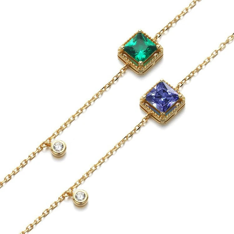 Pulseras Personalizadas 925 Sterling Silver 14K Gold Plated Gemstones Geometric Square Tanzanite Zirconia Green Zircon Bracelet