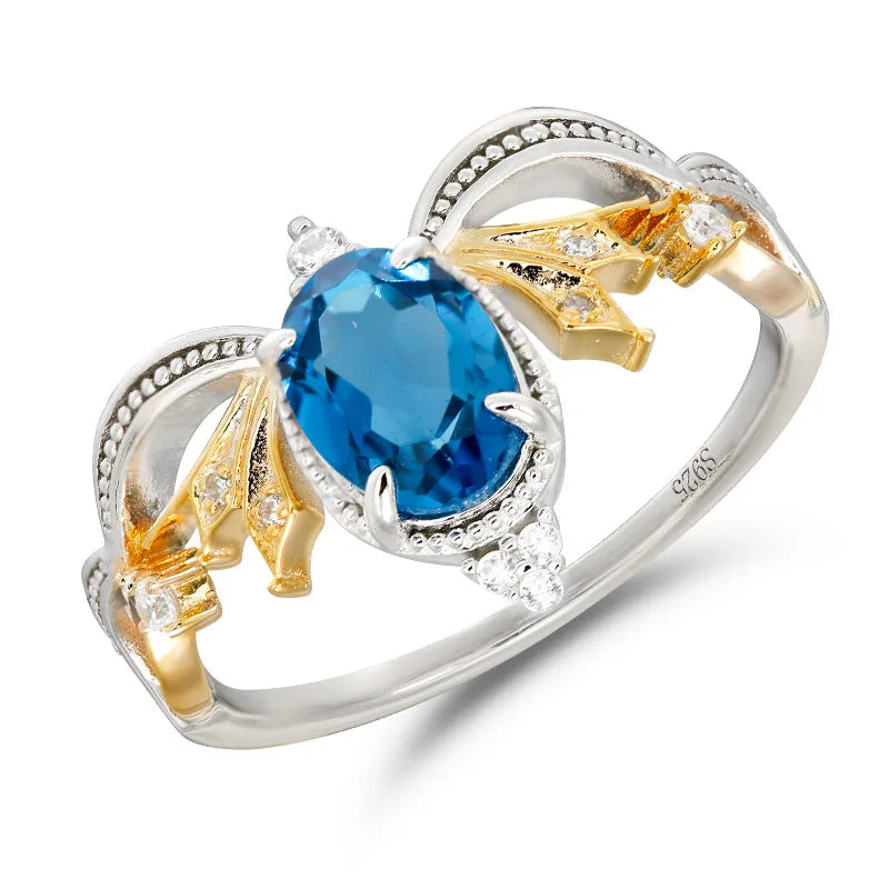 Bagues De Haute Joaillerie 925 Sterling Silver Gold Plated Gemstone Retro Carved Hollow Lace London Blue and White Zirconia Ring