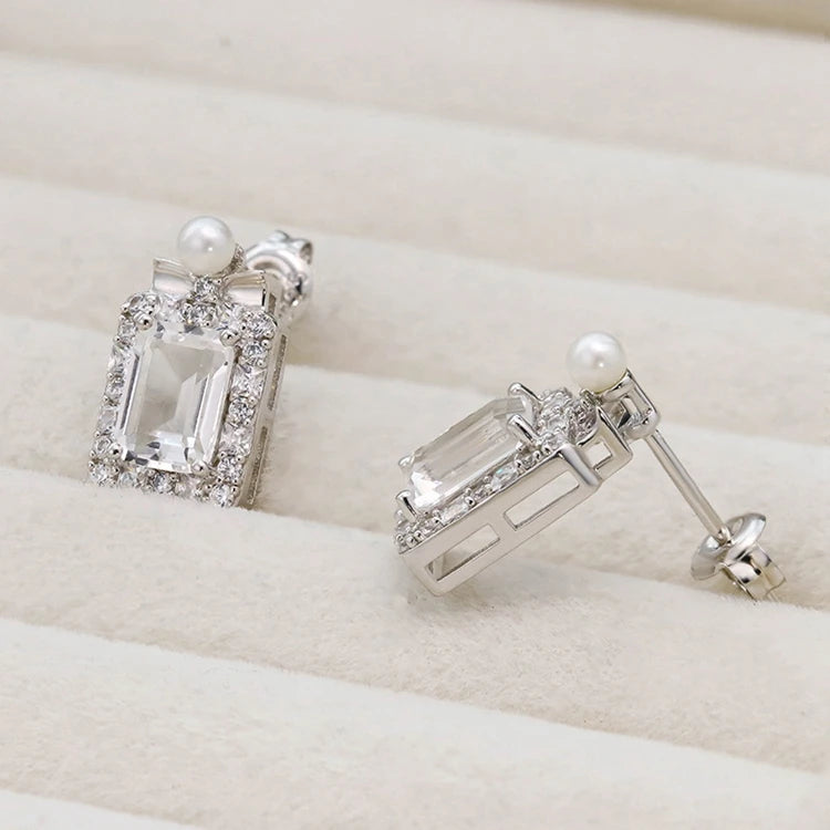 Emotional Factory 925 Sterling Silver 14K Gold Plated Gemstone Geometric Crystal Pearl White Zircon Stud Earrings