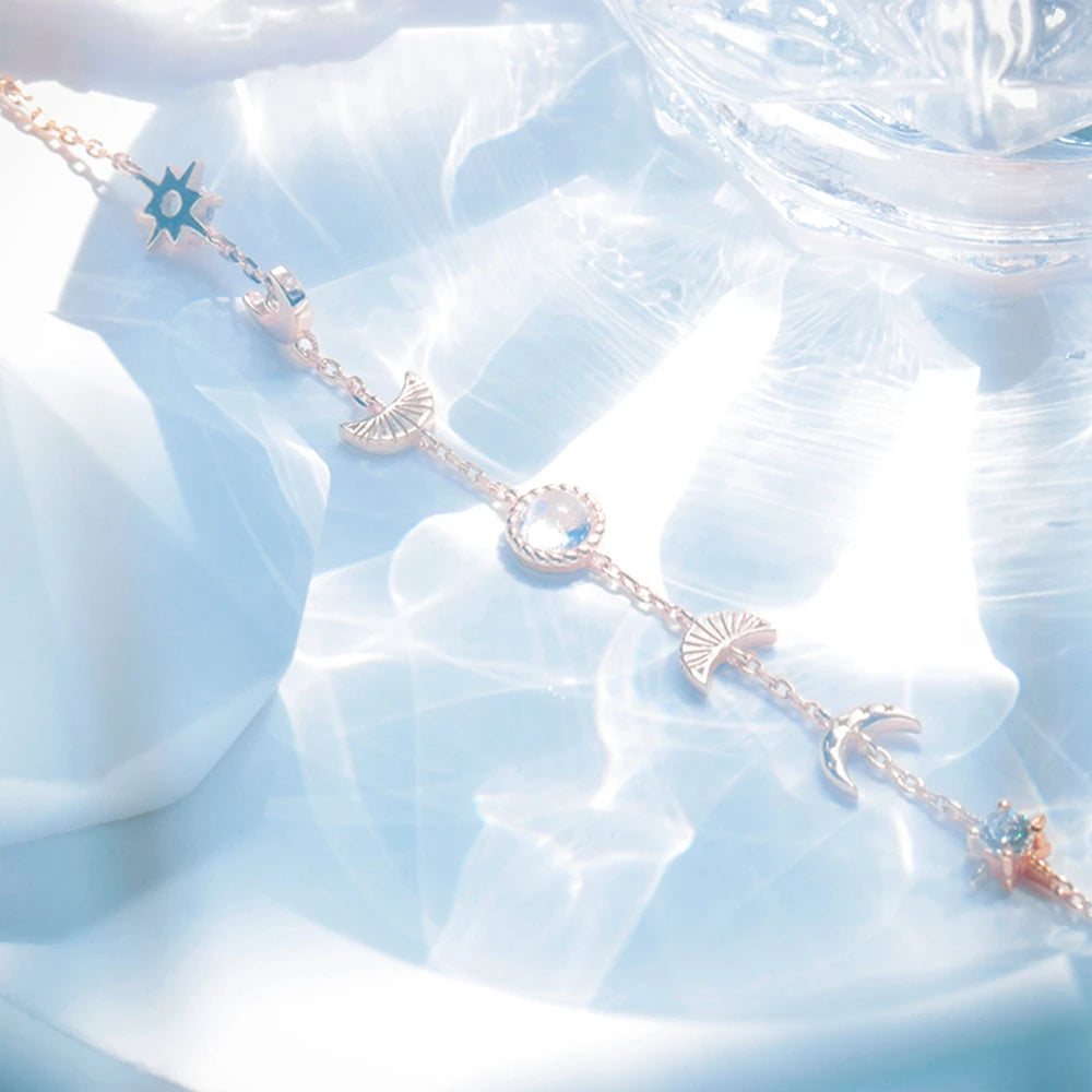 Emotional Pulsera De Cuarzo 925 Sterling Silver Gold Plated Gemstone Series Hammered Moonstone Zircon Round Moon Star Bracelet