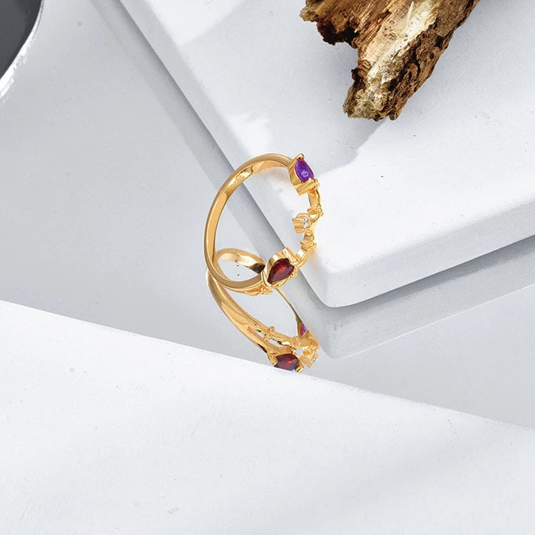 Emotional Factory 925 Sterling Silver 14K Gold Plated Gemstone Colorful Gems Amethyst Red Garnet Ring