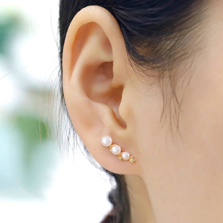 Emotional Factory 925 Sterling Silver 14K Gold Plated Gemstone Leaves Shaped Stud Pearl Earrings