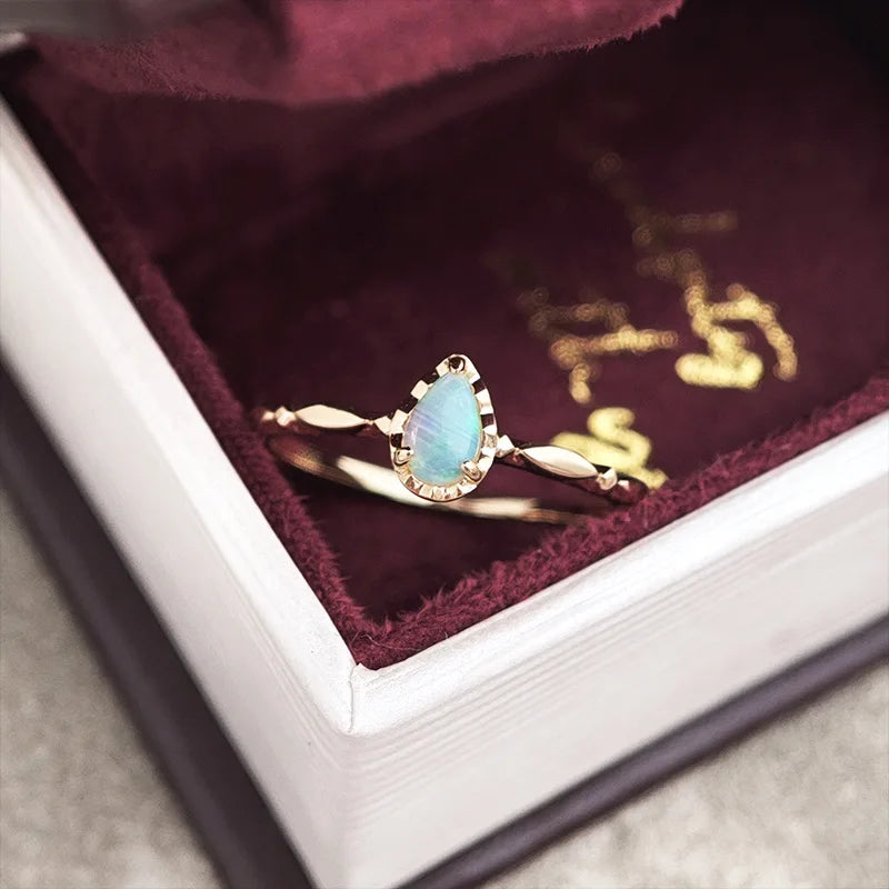 925 Sterling Silver 14K Gold Plated Gemstone Retro Natural Water Drops Australia Opal Temperament Ring