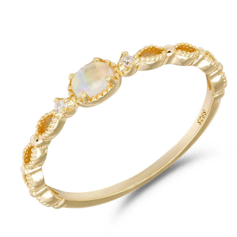 Emotional Factory 925 Sterling Silver 14K Gold Plated Gemstone Phantom Color Opal Hollow Lace Ring