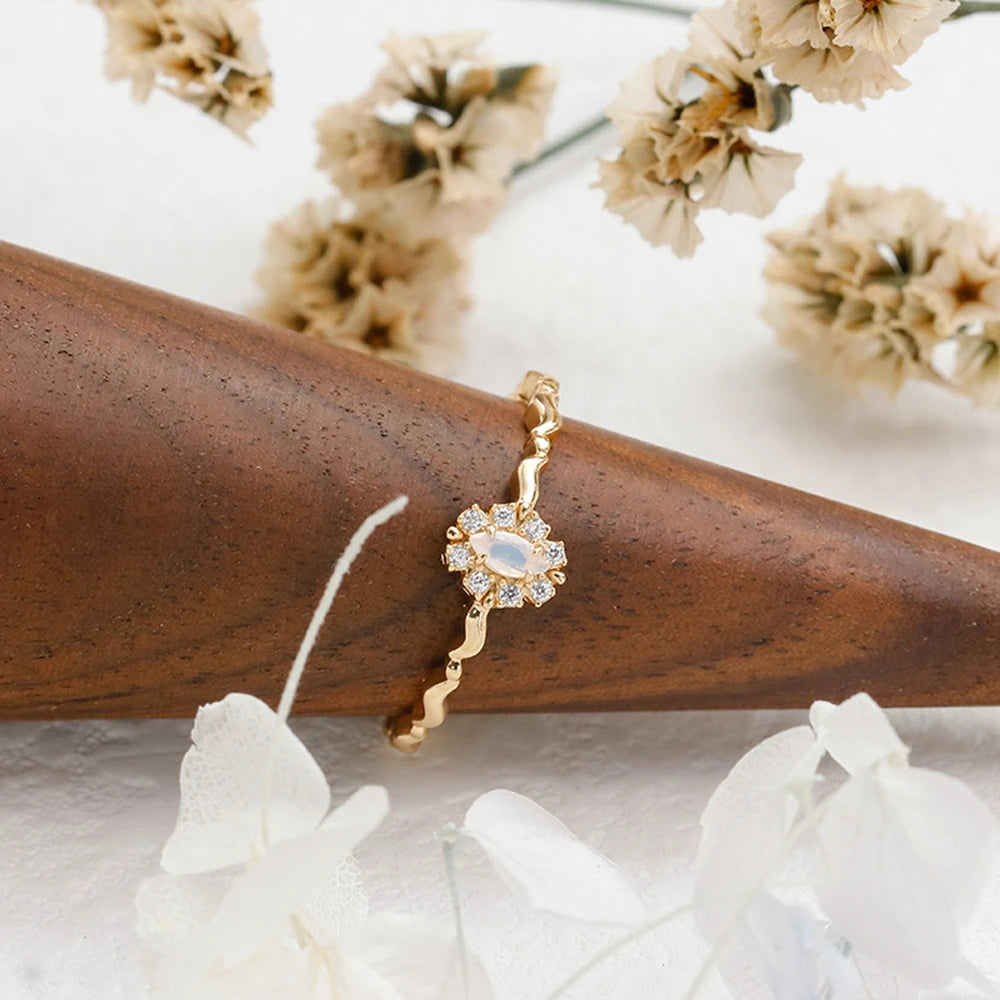 Emotional Factory 925 Sterling Silver 14K Gold Plated Gem Stone Gemstone Cz Flower Opal Zircon Ring