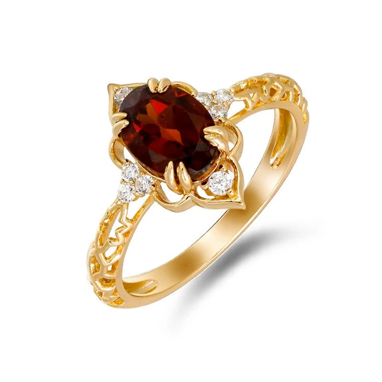 Emotional Factory 925 Sterling Silver 14K Gold Plated Gem Stone Gemstone Retro  Cz Zircon Geometric Flower Red Garnet Ring