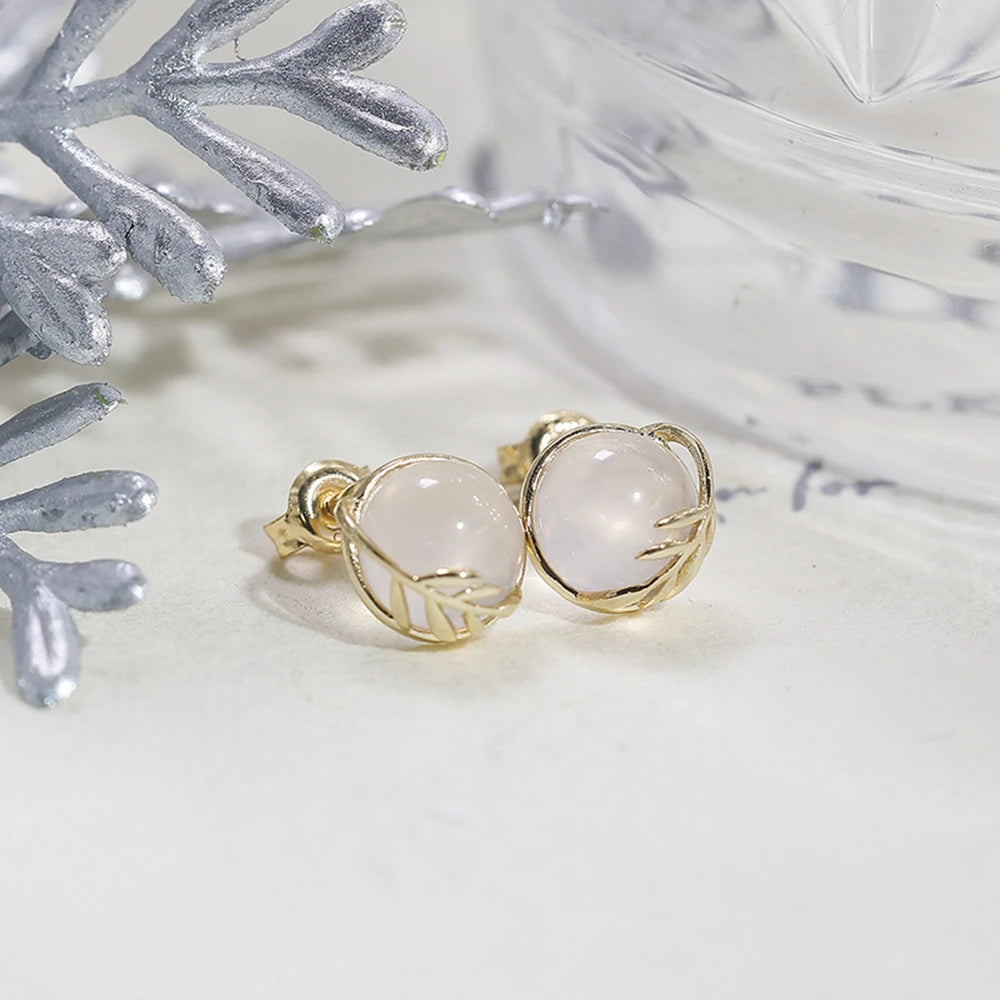 Emotional Factory 925 Sterling Silver 14K Gold Plated Gemstone Spring Cherry Blossoms Leafy Branches Rose Quartz Earrings