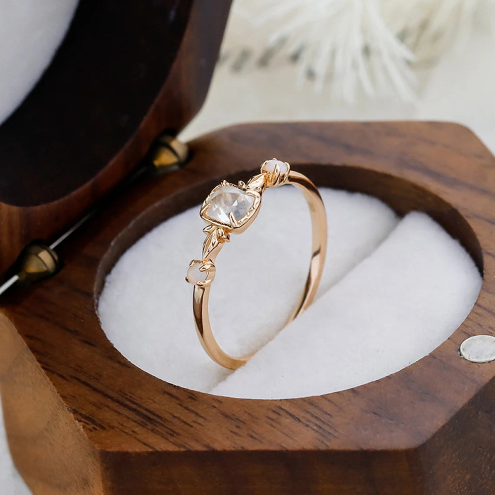 Emotional 925 Sterling Silver 14K Gold Plated Gem Stone  Geometric Square White Rock Crystal Natural Australian Opal Ring