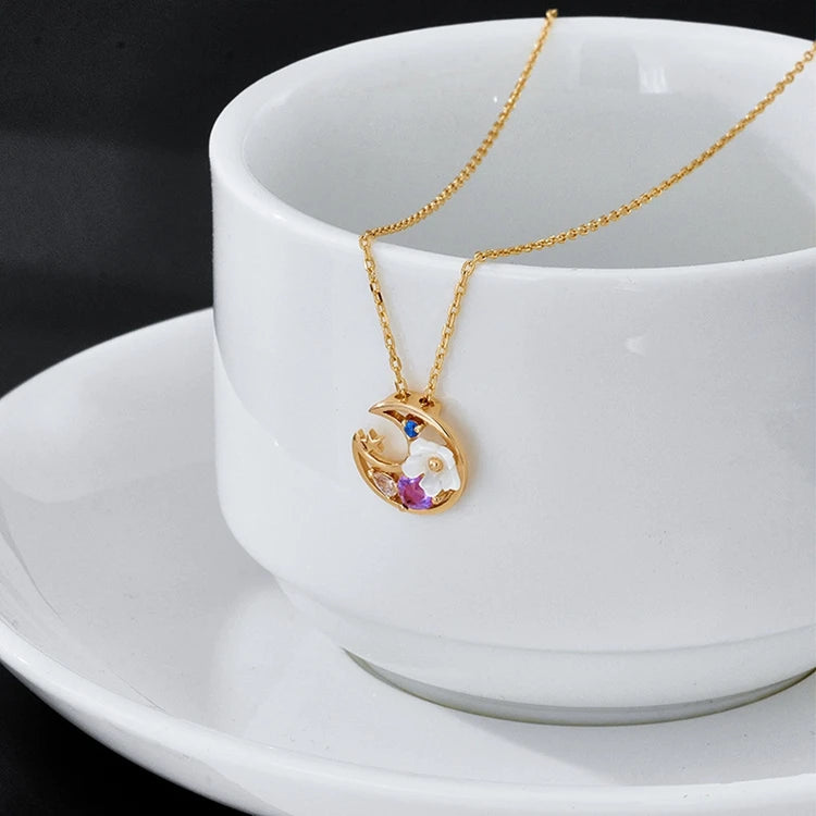 Emotional Factory 925 Sterling Silver 14K Gold Plated Gemstone Amethyst Moon Star White Shell Flower Necklace
