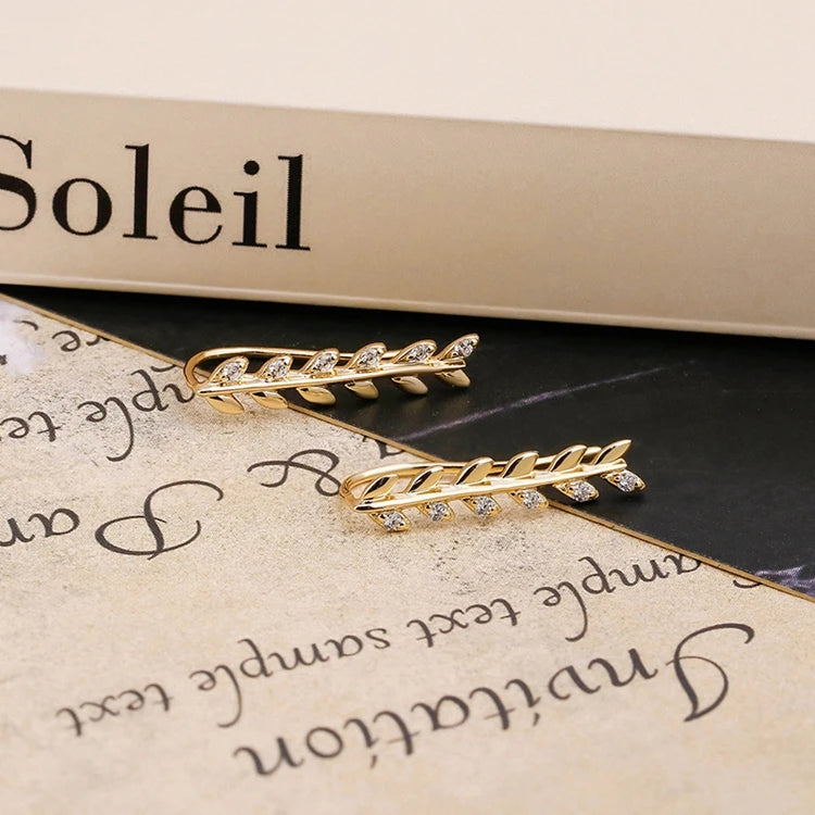 Emotional Factory 925 Sterling Silver 14K Gold Plated Cz Zircon Strip Long Light Luxury Leaf Design Earrings