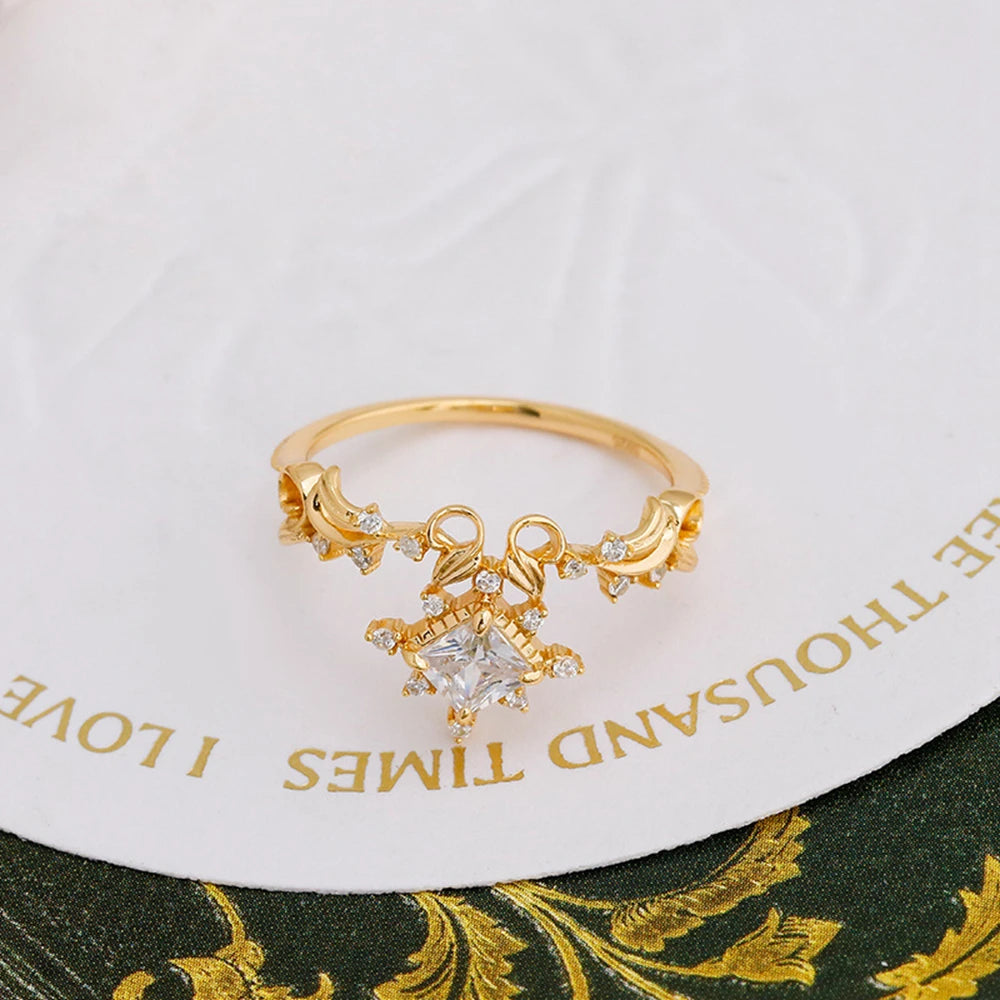 Emotional Factory 925 Sterling Silver 14K Gold Plated Vines Geometric Cube Stat Cz Zircon Ring