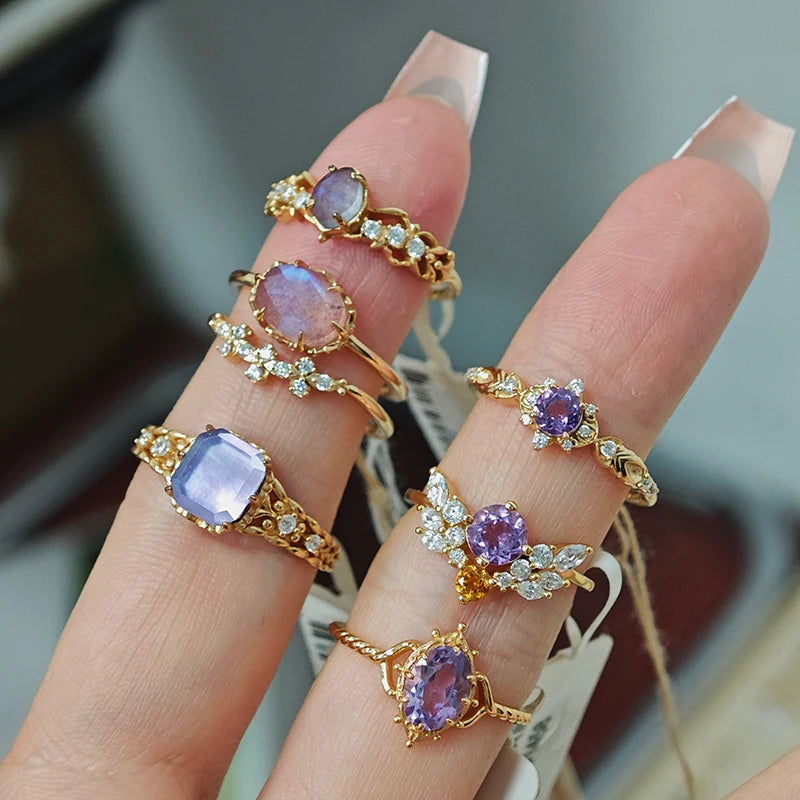 925 Sterling Silver 14K Gold Plated Gemstone Butterfly Natural Amethyst Lace Zircon Adjustable Pattern Stacked Relief Ring