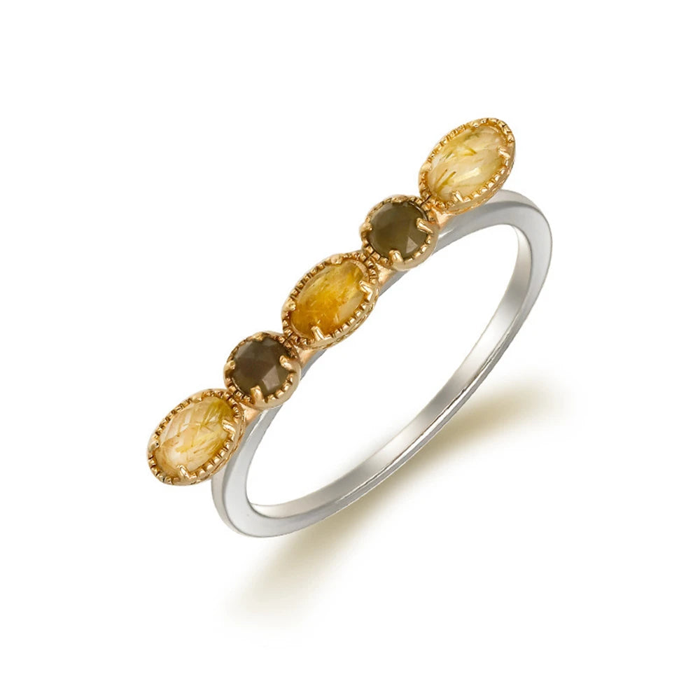 925 Sterling Silver 14K Gold Plated Gem Stone Taurus Pisces Bar Guardian Stone Tea-Coloured Citrine Rutilated Quartz Ring