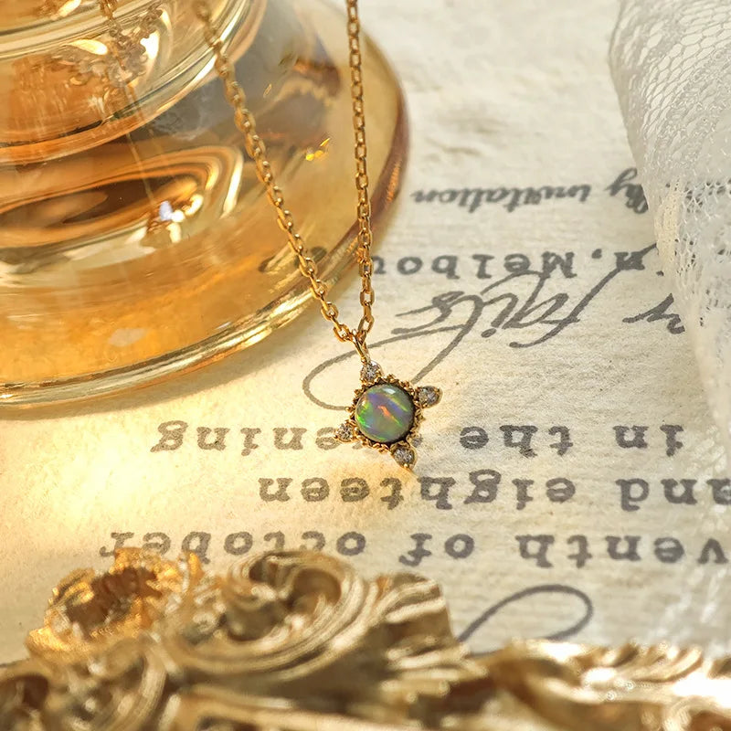 Emotional Factory 925 Sterling Silver 14K Gold Plated Gemstone Sun Sample Round Stone Vintage Fantasy Opal Necklace