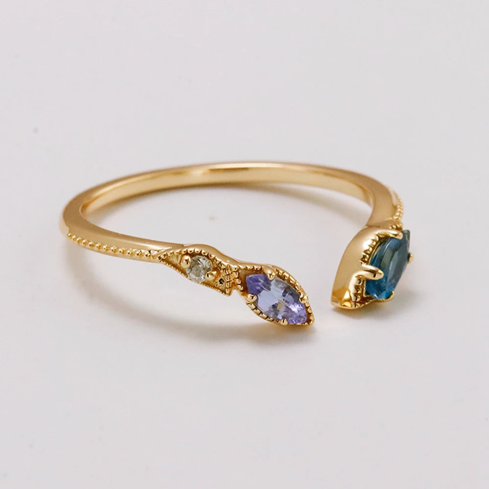 Emotional Factory 925 Sterling Silver 14K Gold Plated Gemstone Adjustable Snake Tanzanite Zircon London Blue White Topaz Ring