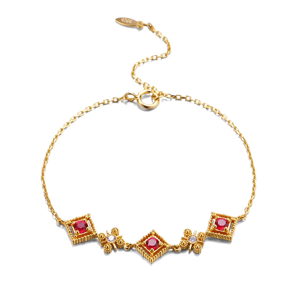 Pulseras 925 Sterling Silver 14K Gold Plated Gemstone Red Corundum Diamond Shaped Green Spinel Zircon Bracelet