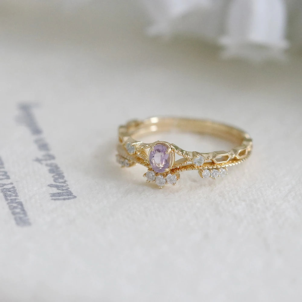 Emotional Bague Mariage  925 Sterling Silver 14K Gold Plated Gemstone Gentle Sweet  Natural Stone Pinstripe Amethyst Topaz Ring