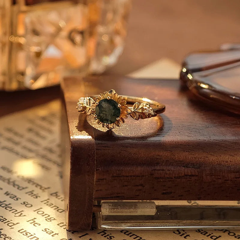 Emotional Factory 925 Sterling Silver 14K Gold Plated Gemstone Natural Sunflower Flowers Summer Sun Flower Moss Agate Ring