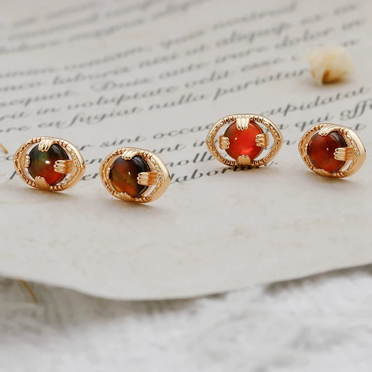 Emotional Factory 925 Sterling Silver 14K Gold Plated Gemstone Vintage Hollow Rock Crystal  Ammolite Earrings