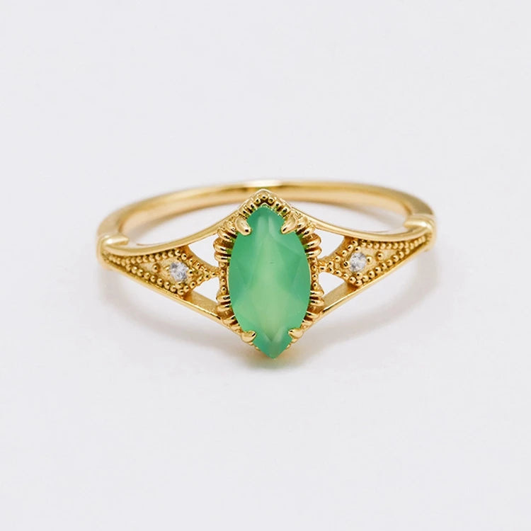 Emotional Factory 925 Sterling Silver 14K Gold Plated Gem Stone Gemstone Cz Zircon Geometric Drop Light Green Chalcedony Ring