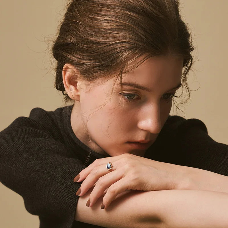 Emotional Factory 925 Sterling Silver 14K Gold Plated Gemstone Blue Glass Red Cz Zircon White Shell Ring