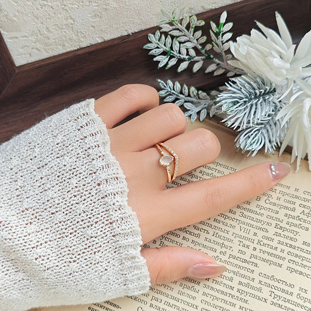 Emotional Factory 925 Sterling Silver 14K Gold Plated Gemstone Cz Zircon V Shaped Ring Stacking Rings