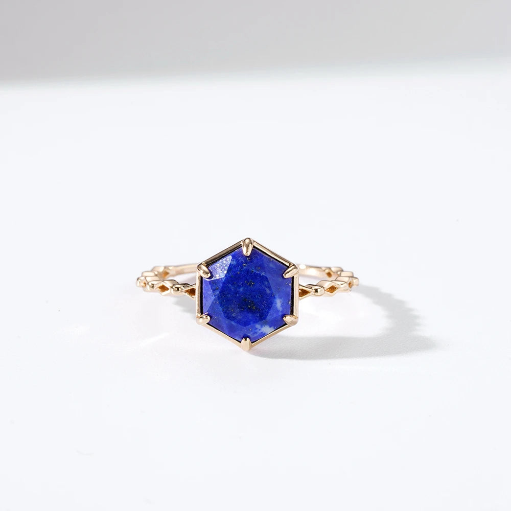 925 Sterling Silver 14K Gold Plated Gemstone Star  Starry Sky Octagon Lazurite Lapis Lazuli Ring