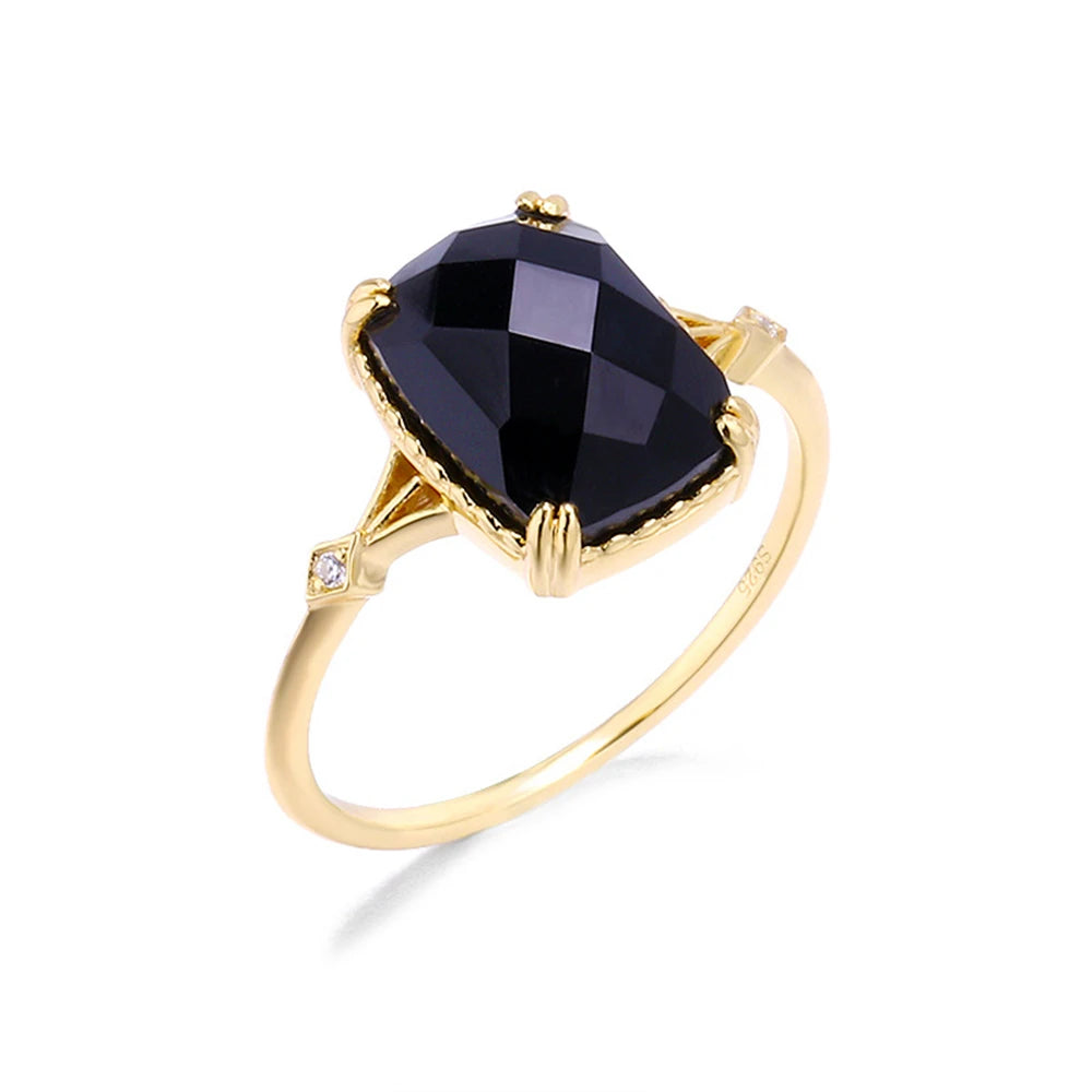 925 Sterling Silver 14K Gold Plated Gem Stone Vintage Style Geometrical Zircon Rectangular Black Agate Carnelian Onyx Ring