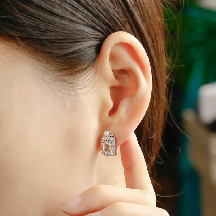 Emotional Factory 925 Sterling Silver 14K Gold Plated Gemstone Geometric Crystal Pearl White Zircon Stud Earrings