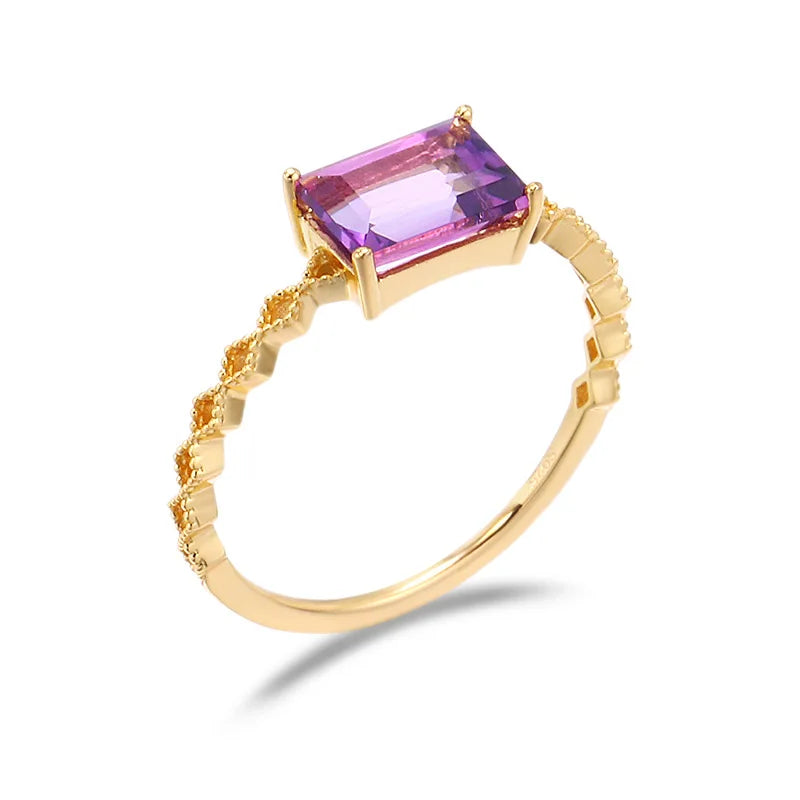 925 Sterling Silver 14K Gold Plated Gemstone Amethyst Topaz Princess Natural Octagonal Cut Tea Crystal Square Citrine Ring