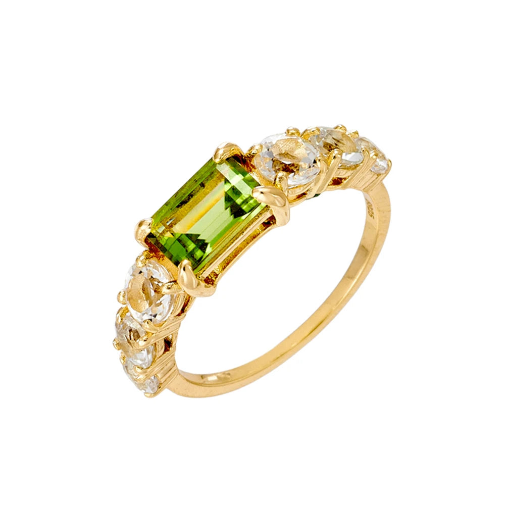 925 Sterling Silver 14K Gold Plated Rectangle Rectangular Green Peridot Ring Topaz Rings