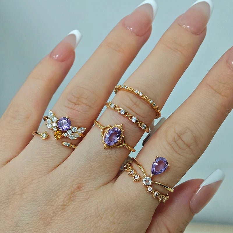 925 Sterling Silver 14K Gold Plated Gemstone Butterfly Natural Amethyst Lace Zircon Adjustable Pattern Stacked Relief Ring