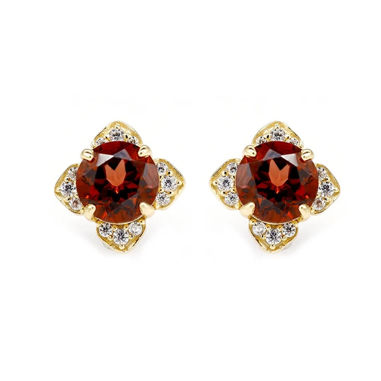 Emotional Factory 925 Sterling Silver 14K Gold Plated Gemstone Red Garnet Petal Shaped Cz Earrings