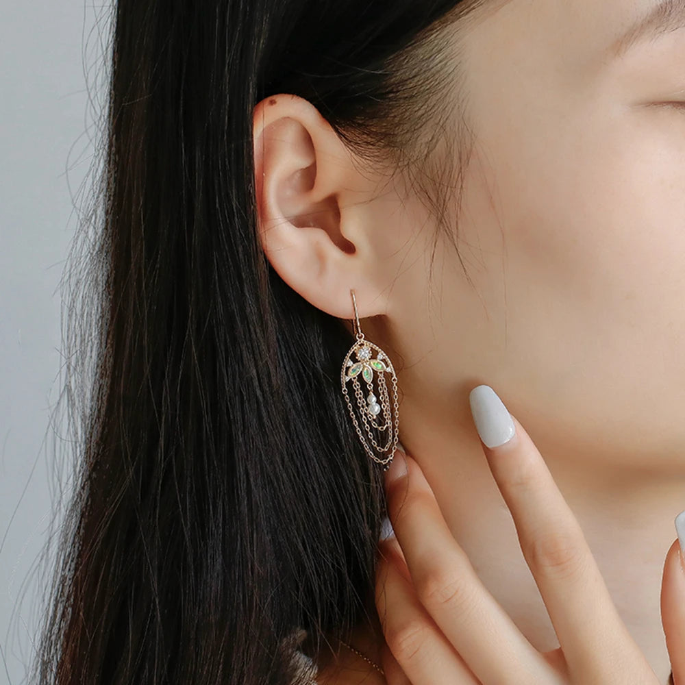 Leaf Tassels African Opal Earrings