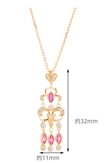 Emotional Factory Jewelry 925 Sterling Silver 14K Gold Plated Gemstone Series Red Corundum White Zircon Tassel Necklace