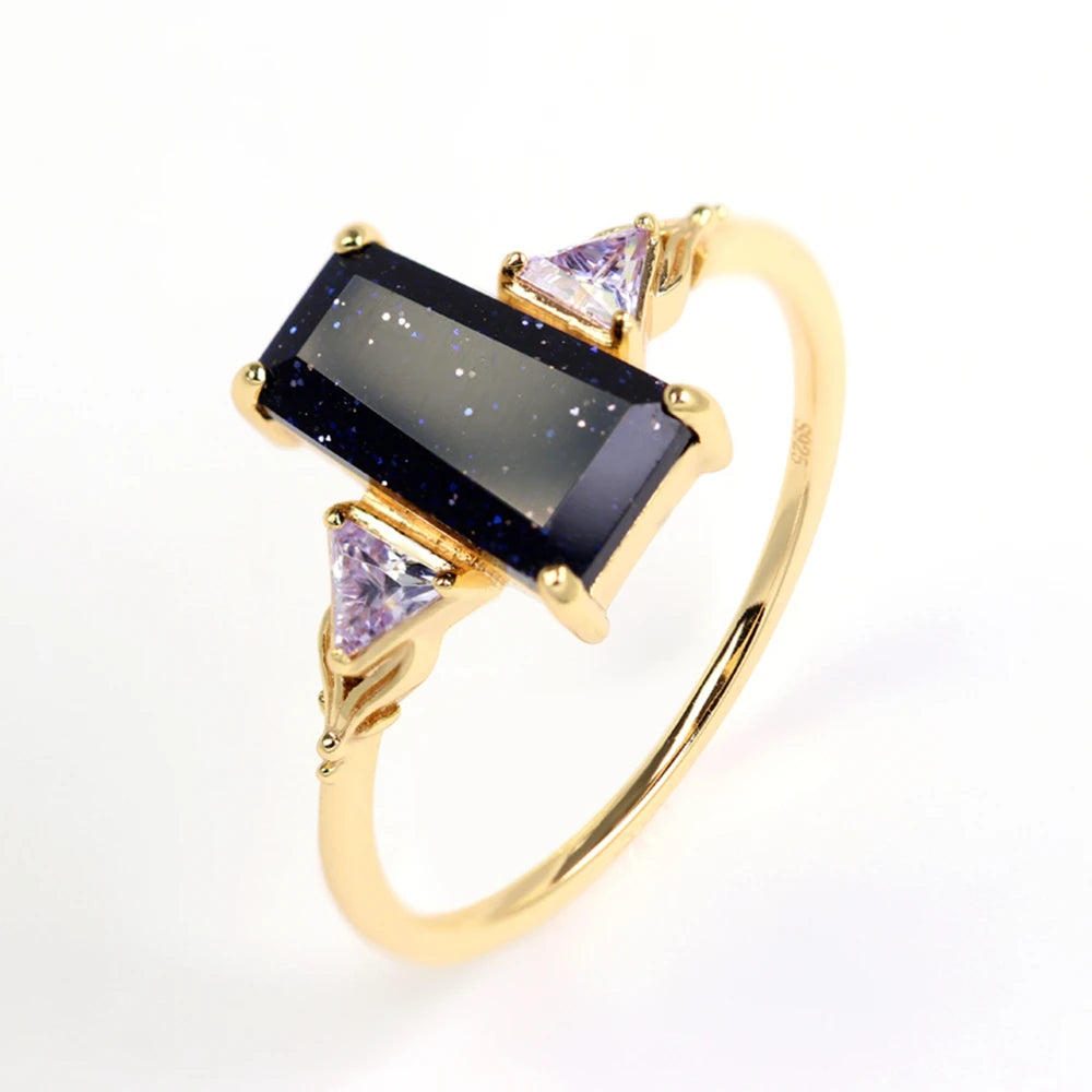 925 Sterling Silver 14K Gold Plated Winter Night Sky Series CZ Zircon Purple Stone Blue Aventurine Gemstone Ring