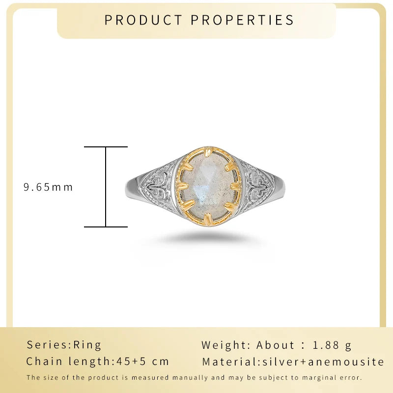 2023 New Fashion Light Luxury Niche Design S925 Silver Plated 14K Gold Electrically Separated Blue Light Labradorite Ring