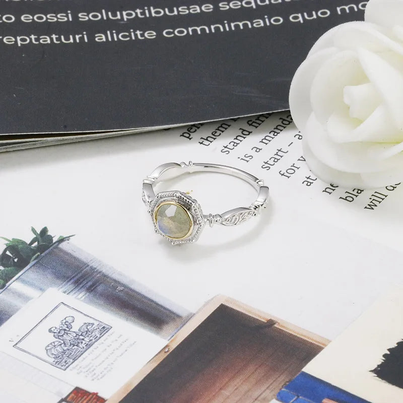 Emotional Bijoux Factory 925 Sterling Silver 14K Gold Plated Gemstone Retro Fashion Geometric Circle Labradorite Ring