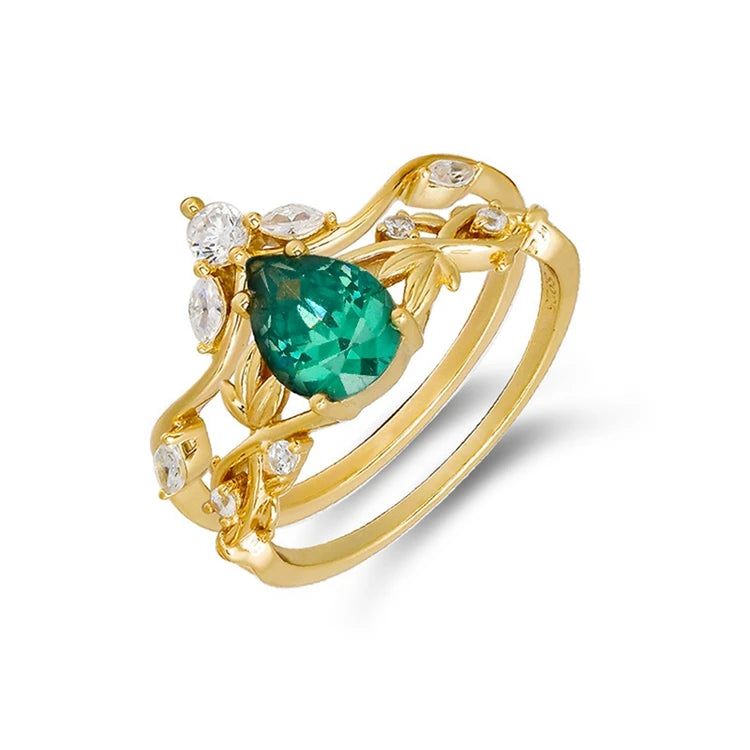 Emotional Factory 925 Sterling Silver 14K Gold Plated Gem Stone Gemstone Drop Alexandrite Moss Agate Ring Set