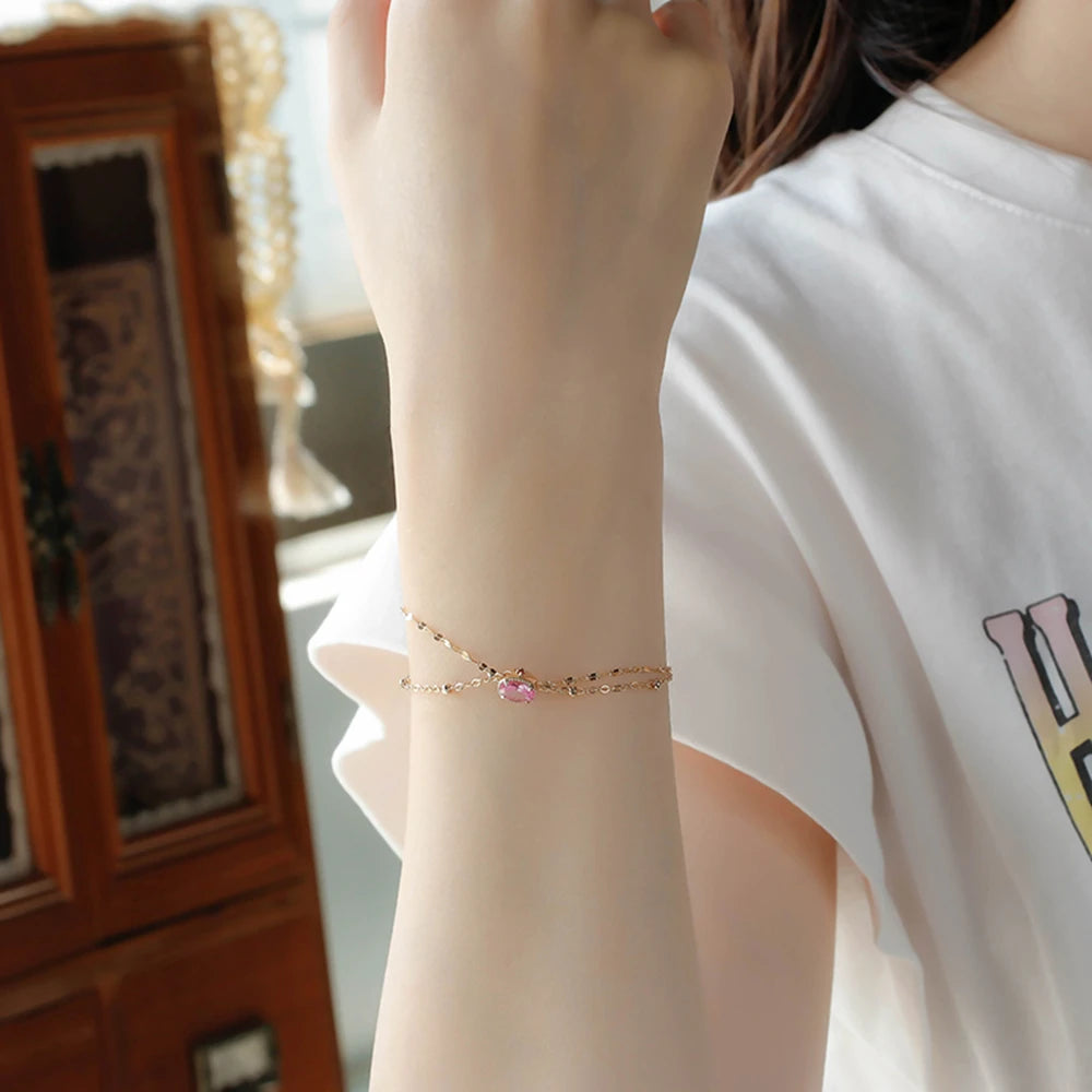 Bijoux Pour Femme 925 Sterling Silver 14K Gold Plated Gemstone Double-Layer Chain Pink Red Corundum Bracelet