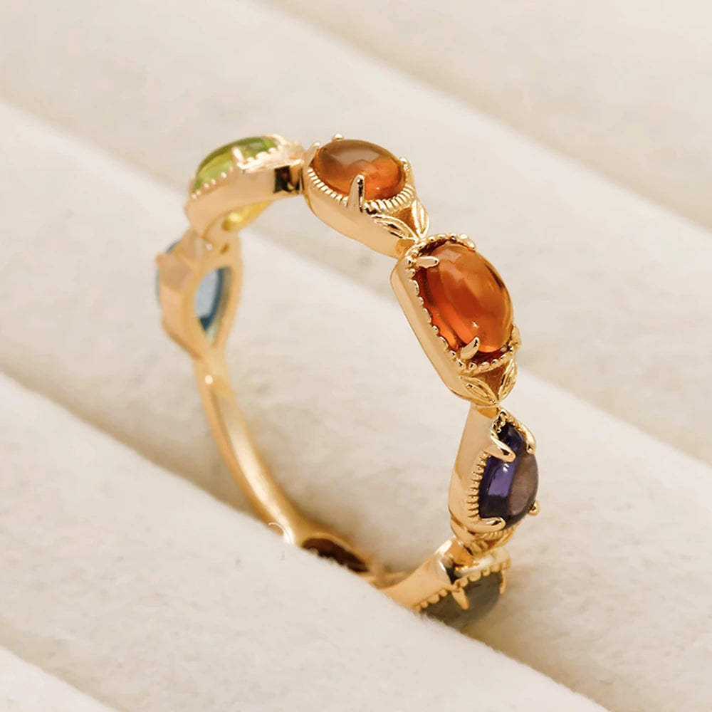 925 Sterling Silver 14K Gold Plated Gemstone Literary Peridot Labradorite Dong Lapis Lazuli Citrine Sapphire Amber Ring
