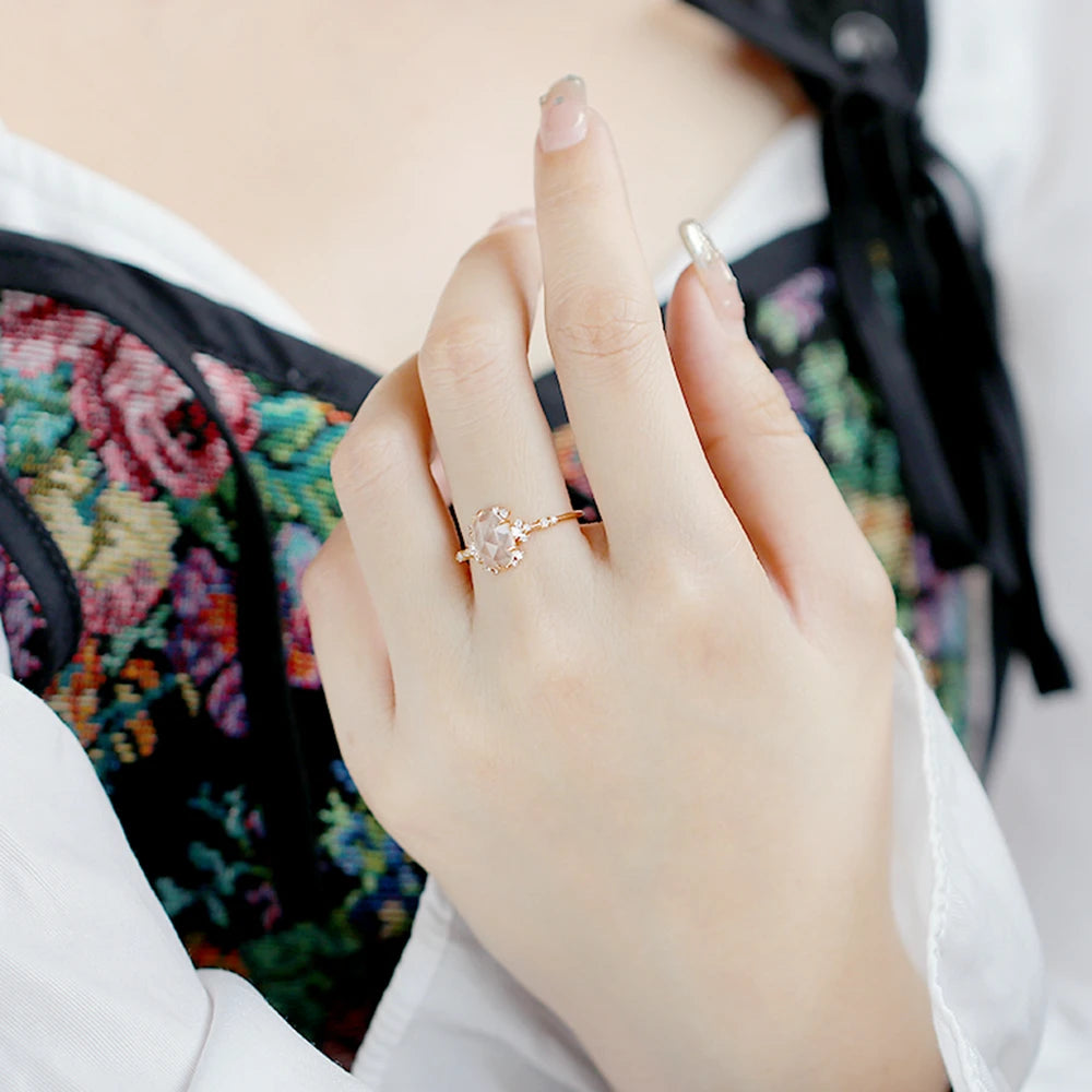 Emotional Factory 925 Sterling Silver 14K Gold Plated Gemstone Series Sugar Rock Crystal White Crystal Zircon Egg Shape Ring