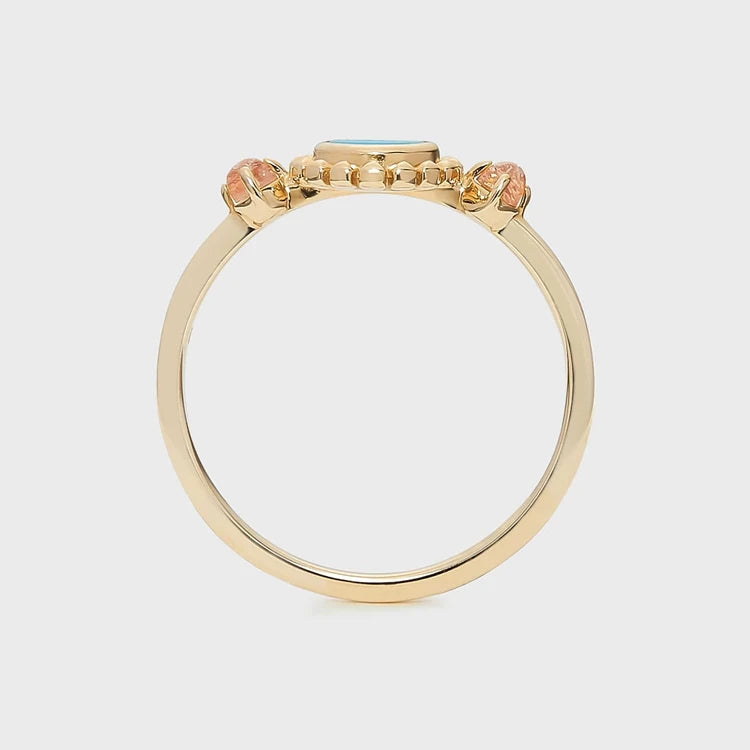 Emotional Factory 925 Sterling Silver 14K Gold Plated Gemstone Round Bead Flower Natural Turquoise Ring