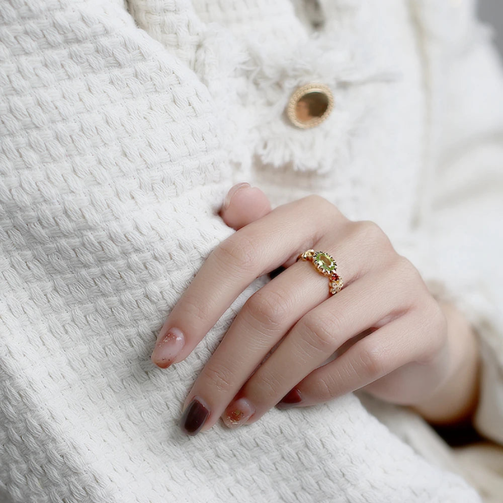 925 Sterling Silver 14K Gold Plated Palace Wind Flowers Green Peridot Red Garnet Citrine Ring