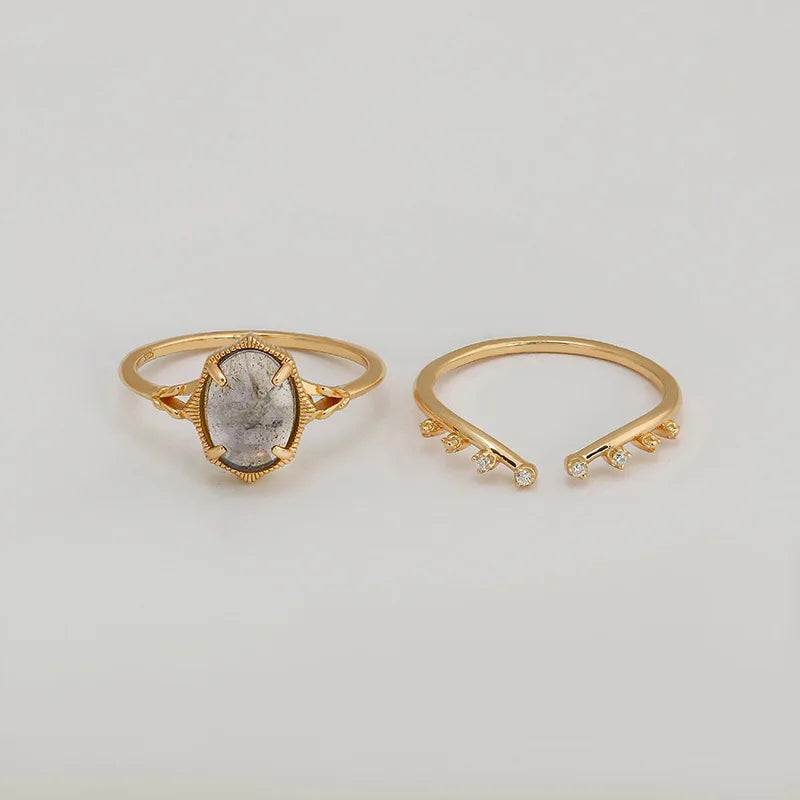 925 Sterling Silver Gold Plated Gemstone Butterfly Strawberry Moon Star Cz Zircon Rose Quartz Night Sky Iolite Labradorite Ring