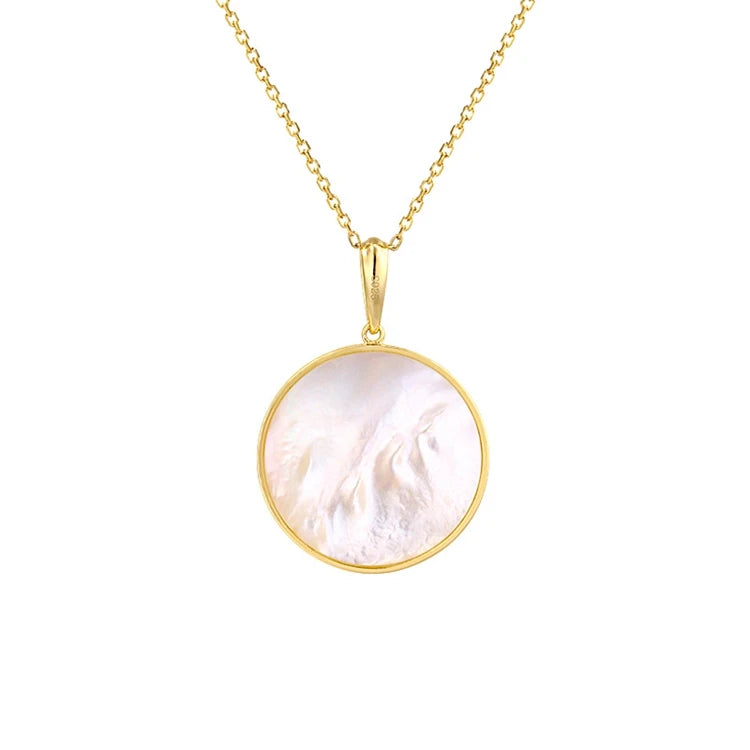 925 Sterling Silver 14K Gold Plated Gemstone Hollow Geometric Circle Natural Freshwater Pearl White Shell Pendant Necklace