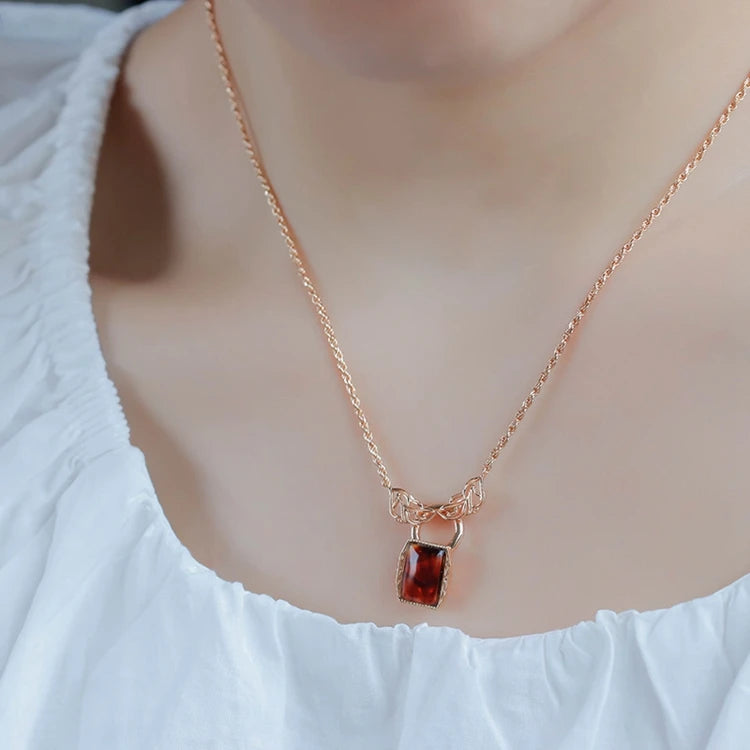 Emotional925 Sterling Silver 14K Gold Plated Gemstones Rectangles Leaf Carving Pendant Geometric Reclaimed Smoky Amber Necklace