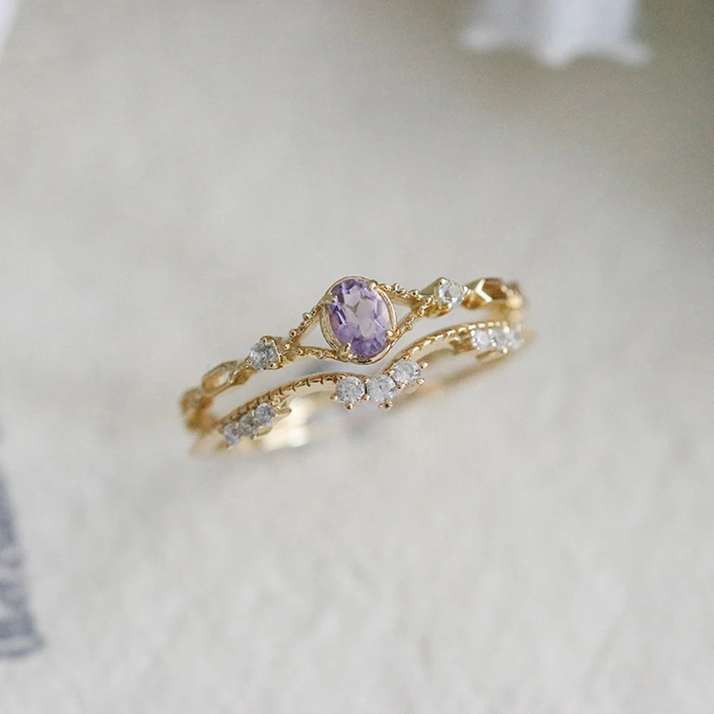 Emotional Bague Mariage  925 Sterling Silver 14K Gold Plated Gemstone Gentle Sweet  Natural Stone Pinstripe Amethyst Topaz Ring